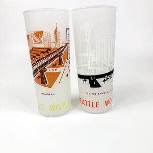 1962 Seattle Worlds Fair Frosted Collins Glasses Set Of 2 Monorail Science Pavln